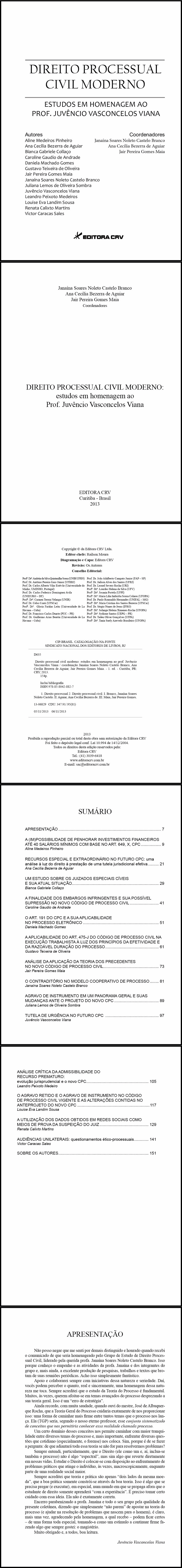 DIREITO PROCESSUAL CIVIL MODERNO<BR>Estudos em Homenagem ao Prof. Juvêncio Vasconcelos Viana