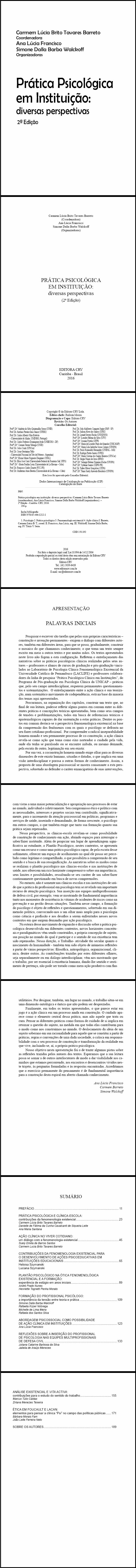 PRÁTICA PSICOLÓGICA EM INSTITUIÇÃO:<br>diversas perspectivas<br>2ª Edição