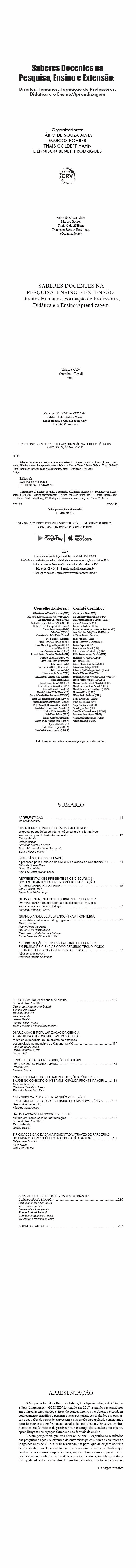 SABERES DOCENTES NA PESQUISA, ENSINO E EXTENSÃO:<br> Direitos Humanos, Formação de Professores, Didática e o Ensino/Aprendizagem