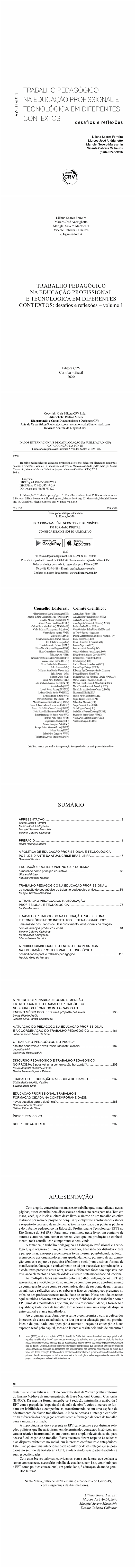 TRABALHO PEDAGÓGICO NA EDUCAÇÃO PROFISSIONAL E TECNOLÓGICA EM DIFERENTES CONTEXTOS: <br>desafios e reflexões ‒ volume 1