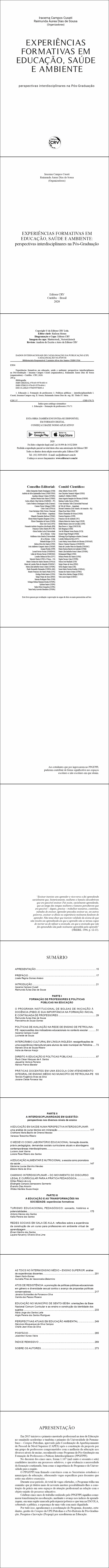 EXPERIÊNCIAS FORMATIVAS EM EDUCAÇÃO, SAÚDE E AMBIENTE:<br>perspectivas interdisciplinares na Pós-Graduação
