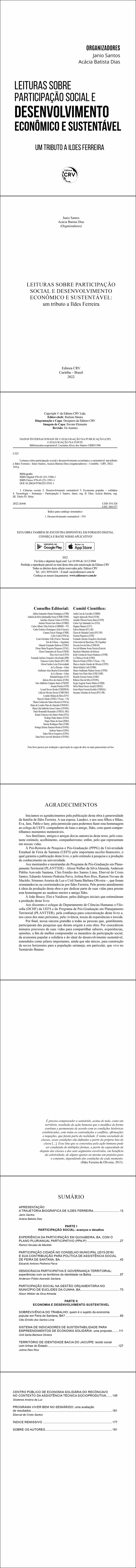 LEITURAS SOBRE PARTICIPAÇÃO SOCIAL E DESENVOLVIMENTO ECONÔMICO E SUSTENTÁVEL:<br> um tributo a Ildes Ferreira